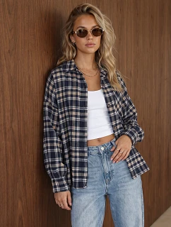 Dámska flanelová košeľa s kockovaným vzorom, tmavomodrá, FashionStreet DY0508
