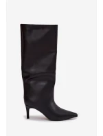 Dámské nazouvací zateplené kozačky na podpatku černé olivové