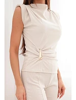 Dámský komplet s model 22084843 halenkou a širokými kalhotami béžový - K-Fashion Dámský komplet s model 22084843 halenkou a širokými kalhotami béžový - K-Fashion