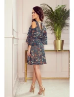 292-2 MARINA splývavé šaty s výstrihom - ZELENÉ S KVETMI