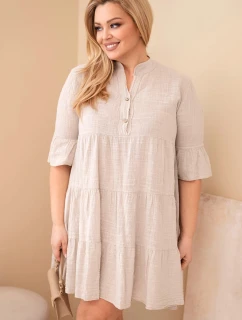 Dámske bavlnené šaty pre plnoštíhle s volánmi béžové