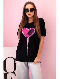 Dámske bavlnené oversize tričko so srdcom a strapcami čierne