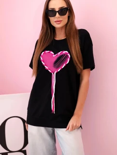 Dámské oversize tričko srdcem a třásněmi s krátkým rukávem černé