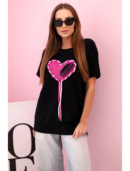 Dámske bavlnené oversize tričko so srdcom a strapcami čierne