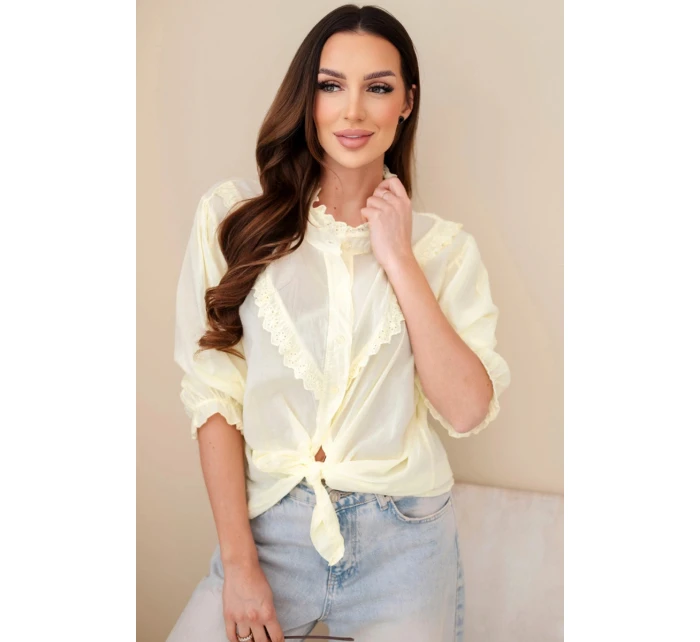 Dámske bavlnené tričko s čipkou a viazankami žlté