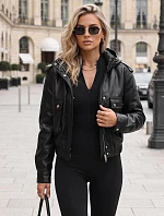 Dámska kožená bunda s kapucňou, čierna, FashionStreet TY5876
