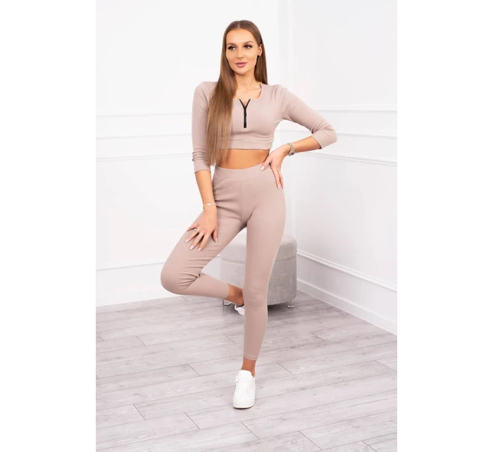 Pruhovaný komplet krátky top tmavo béžový