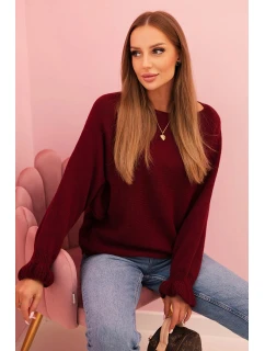 Dámsky mohérový sveter s volánovými rukávmi a výrezom na chrbte bordovej farby