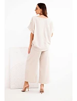Dámska súprava z viskózy - blúzka s krátkym rukávom a široké nohavice tmavobéžová