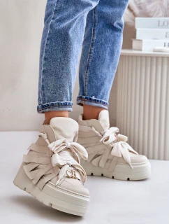 Skórzane Sneakersy Damskie Na Masywnej Platformie CheBello 4561 Beżowe