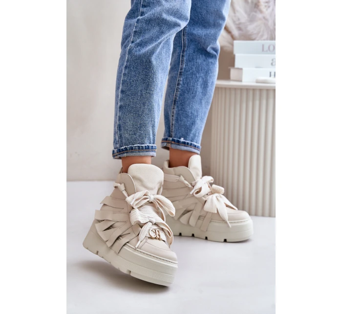 Skórzane Sneakersy Damskie Na Masywnej Platformie CheBello 4561 Beżowe