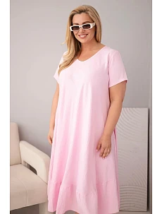 Dámske plus size šaty s krátkymi rukávmi a volánom z ľahkej viskózy v cukríkovo ružovej farbe