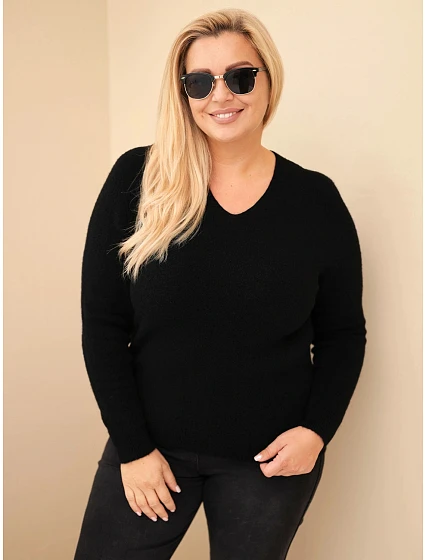 Dámský svetr Plus Size z baby alpaky s dlouhým rukávem černý