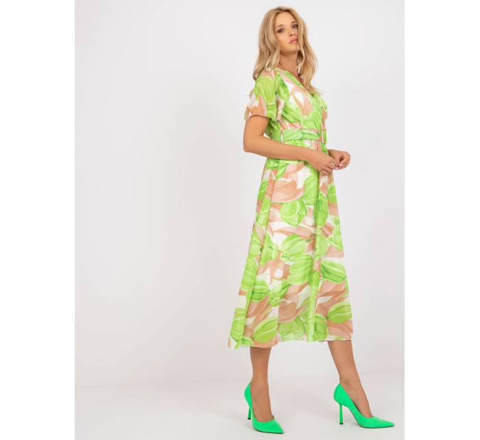 Béžové a zelené midi šaty s farebnými vzormi