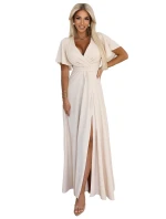 581-6 JENNIFER dlhé šaty s rozparkom na nohách, rukávmi a výstrihom - BEACH