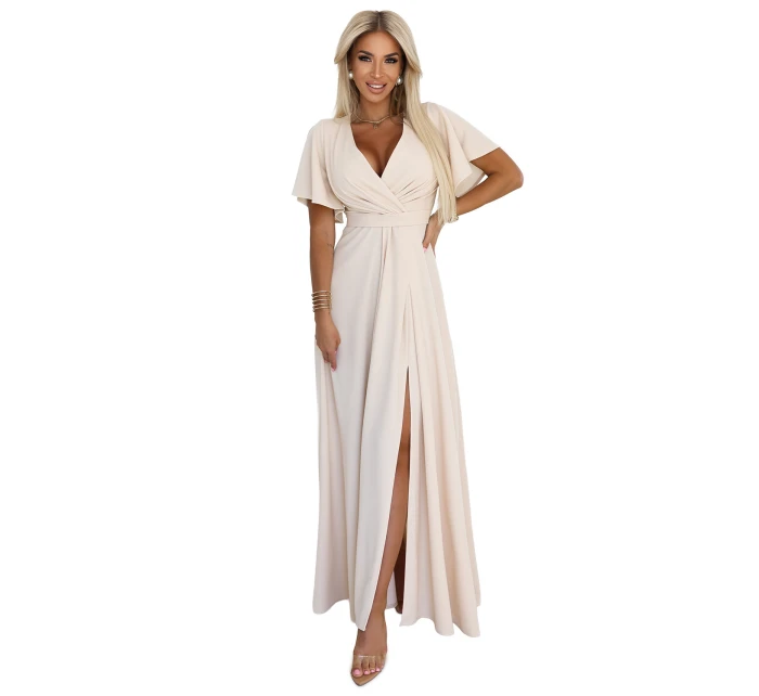 581-6 JENNIFER dlhé šaty s rozparkom na nohách, rukávmi a výstrihom - BEACH