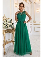 672-3 Romantické svatební maxi šaty s vyšívanou krajkou a tylem - zelené