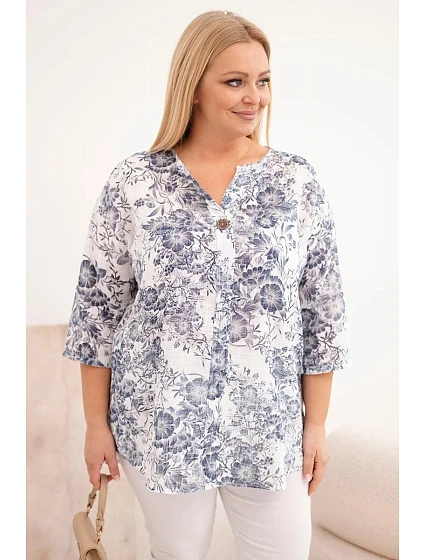 Dámská bavlněná halenka plus size s krátkým rukávem a ozdobným knoflíkem bílá