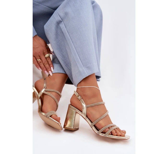 Dámské sandály na podpatku s pásky a kamínky Zlaté Brelia