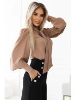 dámská halenka v karamelové barvě v stylu s dlouhými rukávy, vázáním a knoflíky model 20722306 - numoco dámská halenka v karamelové barvě v stylu s dlouhými rukávy, vázáním a knoflíky model 20722306 - numoco