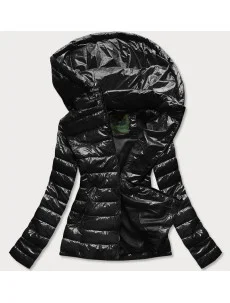 Krátka čierna prešívaná dámska bunda s kapucňou (CAN-333)