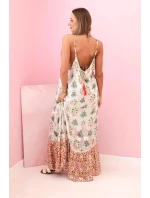 Dámské šaty na ramínka ze světlé viskózy s volánem korálový