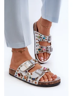 Zdobione Klapki Damskie Z Klamrami S.Barski MY121 Srebrne