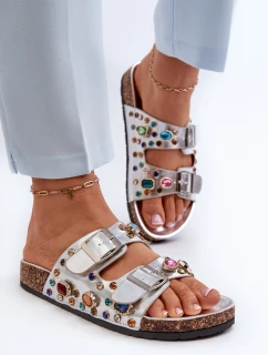 Zdobione Klapki Damskie Z Klamrami S.Barski MY121 Srebrne