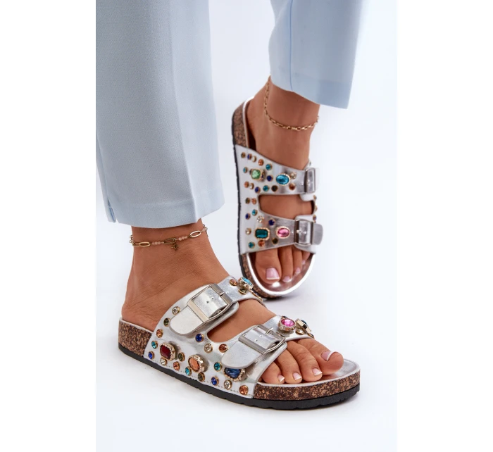 Zdobione Klapki Damskie Z Klamrami S.Barski MY121 Srebrne