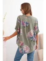 Dámska bavlnená blúzka s kvetinovým vzorom khaki Dámska bavlnená blúzka s kvetinovým vzorom khaki