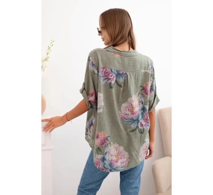 Dámska bavlnená blúzka s kvetinovým vzorom khaki Dámska bavlnená blúzka s kvetinovým vzorom khaki