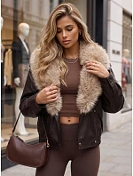 Dámska zimná kožená bunda s kožušinou, hnedá, FashionStreet TY6028