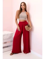 Dámske široké viskózové nohavice s elastickým pásom bordovej farby
