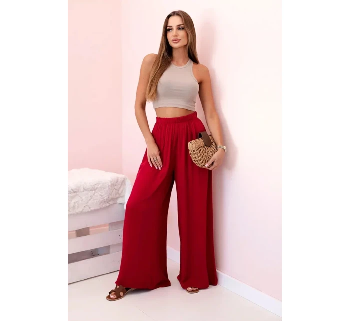 Dámske široké viskózové nohavice s elastickým pásom bordovej farby