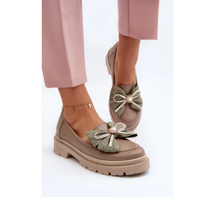 Damskie Skórzane Mokasyny Z Kokardą Laura Messi 2787 Beżowe