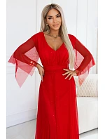 655-5 Dlhé svetlé trblietavé šaty s výstrihom a priehľadnými rukávmi - červené 655-5 Dlhé svetlé trblietavé šaty s výstrihom a priehľadnými rukávmi - červené