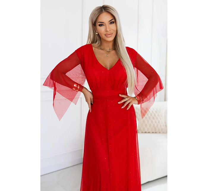 655-5 Dlhé svetlé trblietavé šaty s výstrihom a priehľadnými rukávmi - červené 655-5 Dlhé svetlé trblietavé šaty s výstrihom a priehľadnými rukávmi - červené