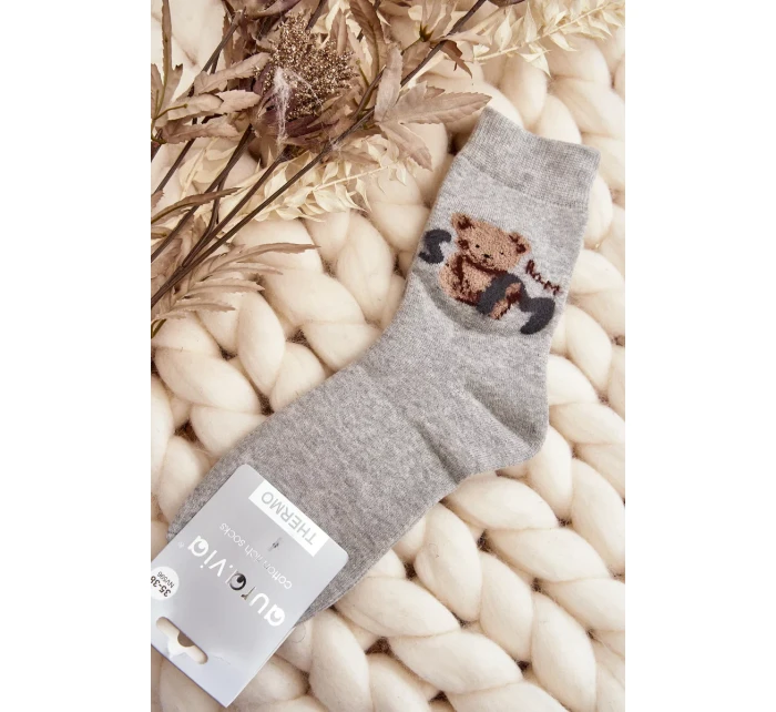 Teplé bavlněné ponožky s medvídkem, šedé
