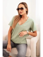 Dámská bavlněná blůza s výstřihem do V a krátkým rukávem tmavě mátová