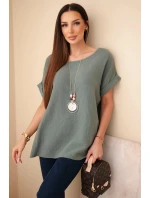 Hodvábna blúzka s náhrdelníkom tmavá khaki