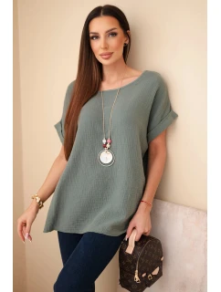 Hodvábna blúzka s náhrdelníkom tmavá khaki