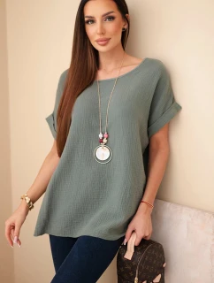 model 21961265 blůza s náhrdelníkem tmavě khaki - K-Fashion