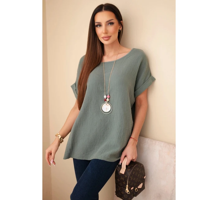 Hodvábna blúzka s náhrdelníkom tmavá khaki