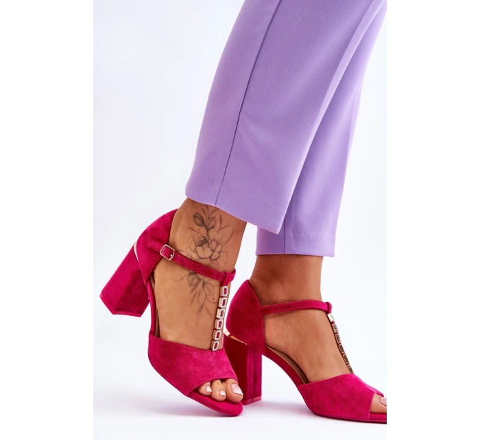 Zamszowe Sandały Na Obcasie Z Cyrkoniami Fuksja Aniya
