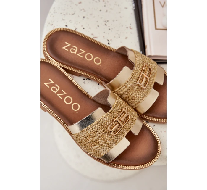 Skórzane Klapki Z Ozdobnym Detalem I Plecionką Zazoo 40426 Złote