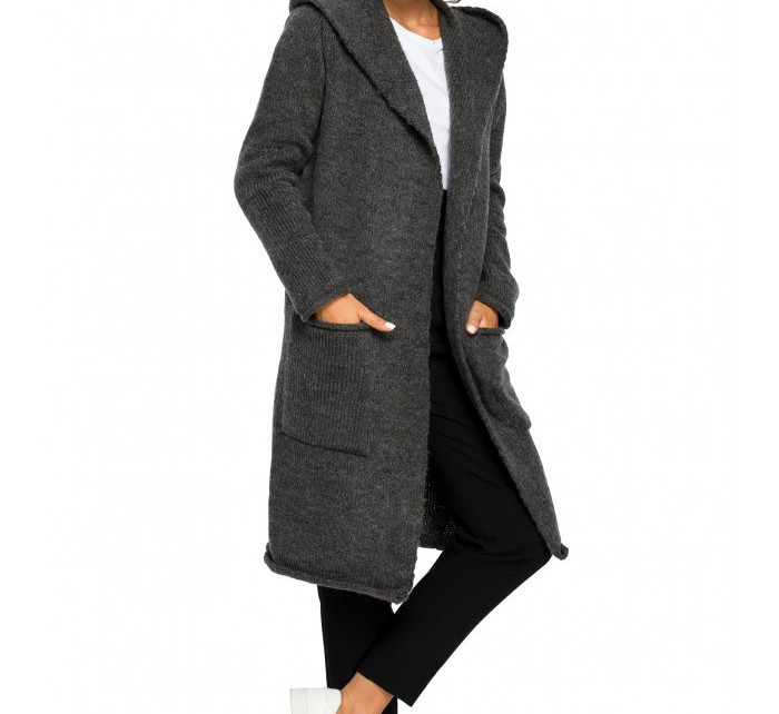 BK016 Dlhý sveter s kapucňou a bočnými vreckami - čierny
