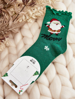 Dámske lesklé vianočné ponožky so Santa Clausom, zelené