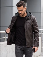 Pánska kožená zateplená bunda s kapucňou, hnedá, FashionStreet TX5148 Pánska kožená zateplená bunda s kapucňou, hnedá, FashionStreet TX5148