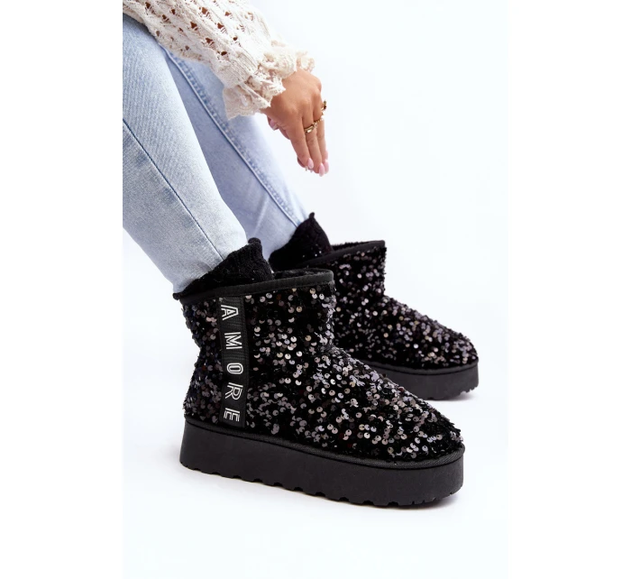 Śniegowce Damskie Na Platformie Zdobione Cekinami Czarne Silmo Śniegowce Damskie Na Platformie Zdobione Cekinami Czarne Silmo