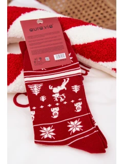 Pánske vianočné ponožky s motívom mačky a stromčeka - červené